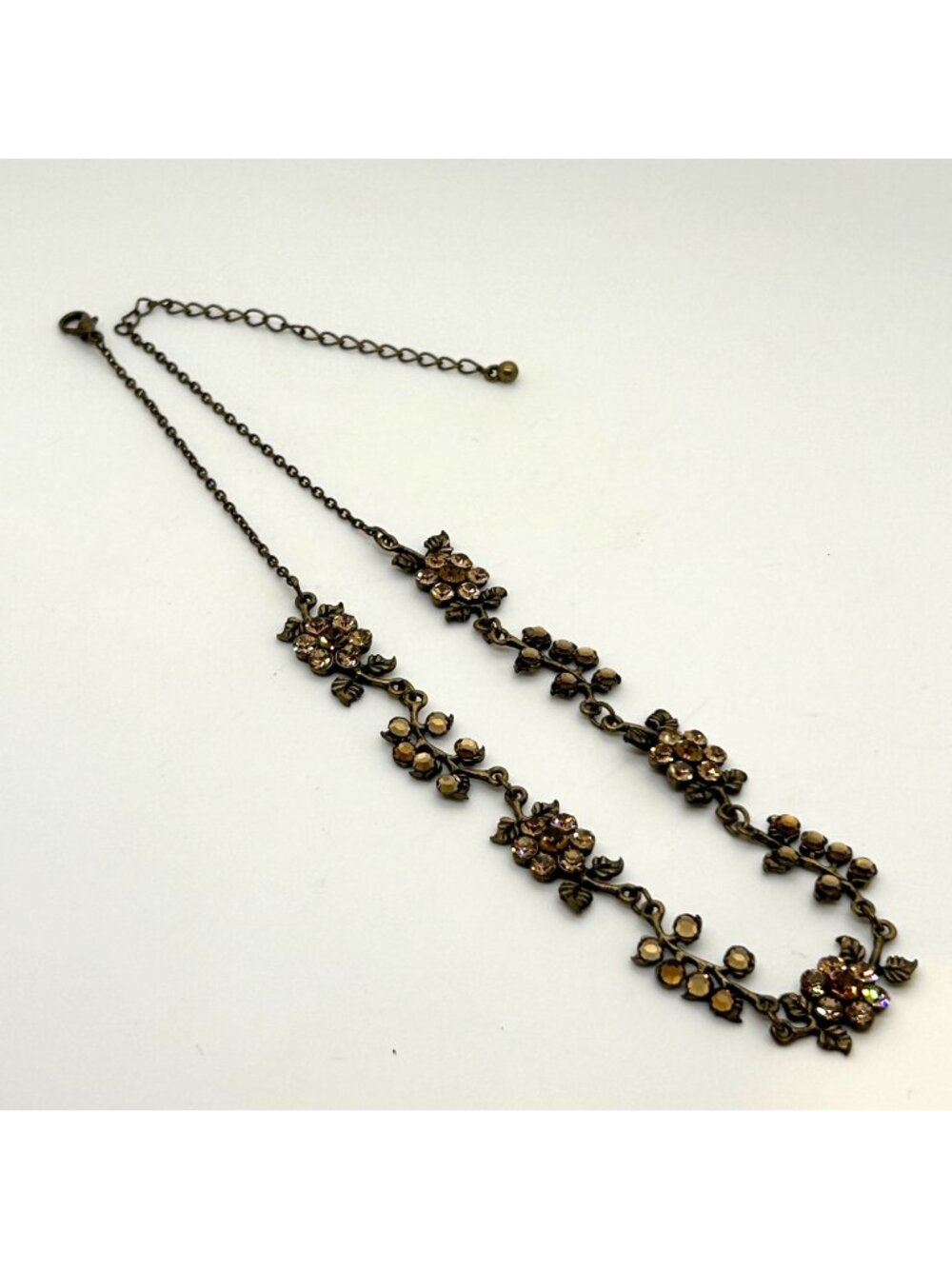 Flower Leaf Vine Necklace Brass Peach Champagne Rhinestone Chain Botanical 20"